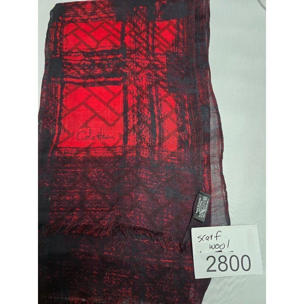 Cole Haan Red & Black Wool Scarf With Geometric Pattern 18" X 60" old money